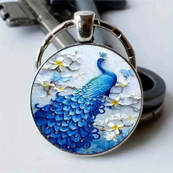 Silver Stainless Steel BLUE PEACOCK Key Chain Keyring Accessory - Picture 1 of 3
